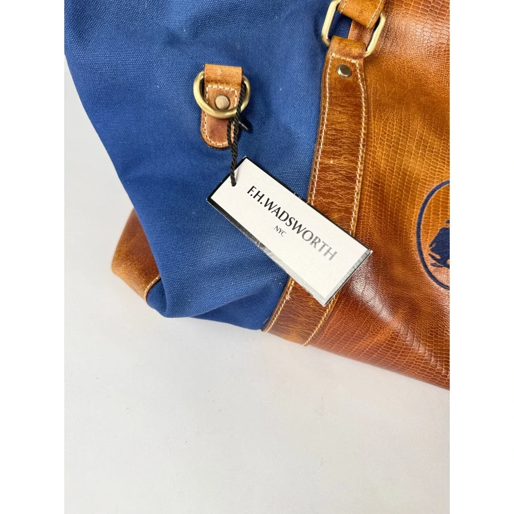 F.H. Wadsworth NYC Canvas Leather Duffle Bag Navy Blue Lizard Embossed Travel